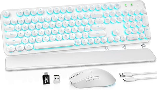 Wireless Keyboard and Mouse Combo, Backlit Round Keycaps, Retro Typewriter Keyboard with Detachable Wrist Rest, Rechargeable & Tilt Legs, 2.4GHz Cordless Connection for Windows/PC (Glowing White)