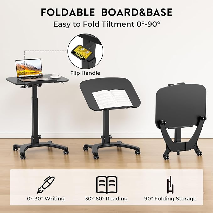 BONTEC Mobile Foldable Standing Desk, Portable Adjustable Height Desk with Gas Spring, Small Rolling Laptop Desk with Wheels for Home, Office, Bedroom, and Medical Use, 25.6" x 19.7" Desktop, Black