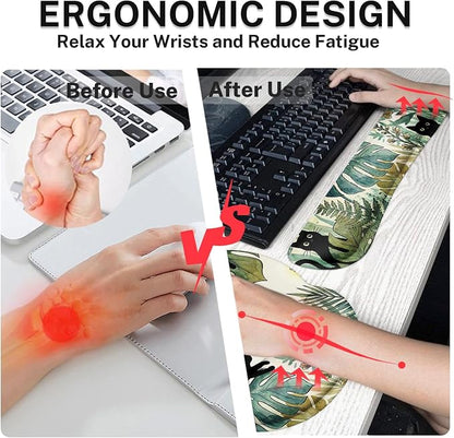 Britimes Green Tropical Plants Keyboard Mouse Pad Set Black Cats 4in1 Large Mousepad+Keyboard Wrist Rest+Mouse Wrist Rest+Coaster Ergonomic Design for Home Office Computer 35.4x15.7 inches