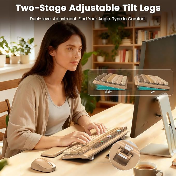 Wireless Keyboard and Mouse Combo, Full-Size Retro Typewriter Keyboard with Round Keycaps, Magnetic Wrist Rest & Tilt Legs, 2.4GHz Cordless for Mac/Windows PC/Laptop, SABLUTE CK23, Latte Gradient