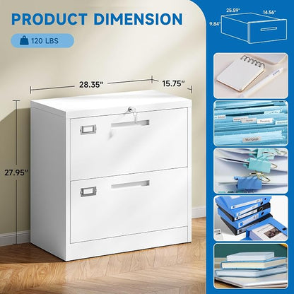 BYNSOE 2 Drawer Lateral File Cabinet Metal Filing Storage Cabinet with Lock Office Home Steel File Cabinet for A4 Legal/Letter Size File Cabinet Locked,Assembly Required (2 Drawer, White)