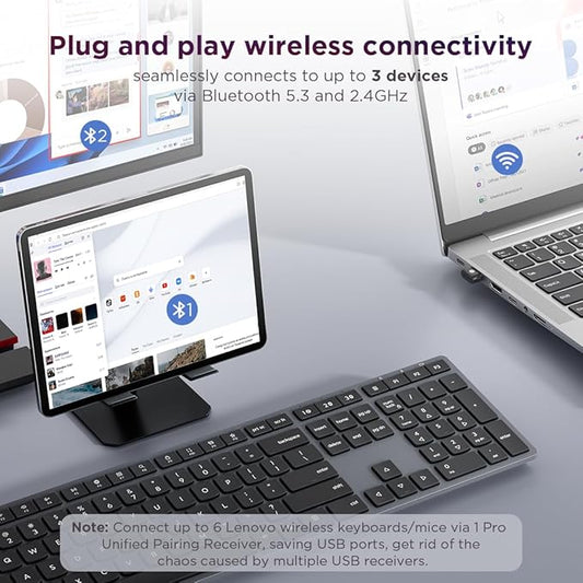 Lenovo 700 Modern Wireless Keyboard, 2.4 GHz Dongle & Dual Bluetooth Connection, AES-128 Encryption, 36 Month Battery Life, Luna Grey
