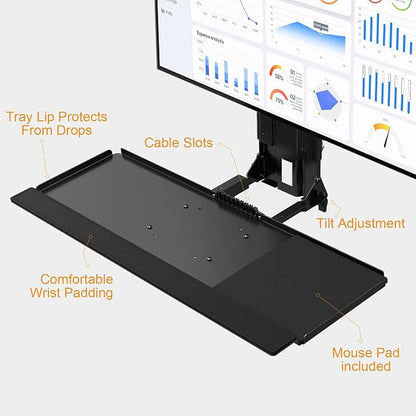 Monitor and Keyboard Wall Mount with CPU Holder for 32" Monitors (55 lbs Max), Keyboard Tray (4.4 lbs Load) & CPU Holder (22 lbs Capacity) - Height Adjustable, with Mouse Pad, VESA75/100