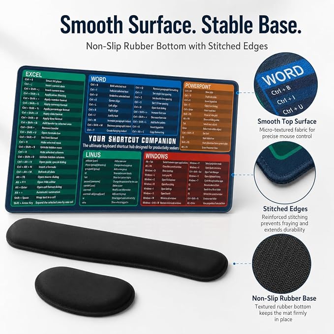 Excel Cheat Sheet Desk Pad Set, 3-Piece Office Shortcut Mouse Pad with Keyboard Wrist Rest & Mouse Wrist Rest, Excel Word PowerPoint Windows Shortcut Mat for Accountants, Students, Carbon Black