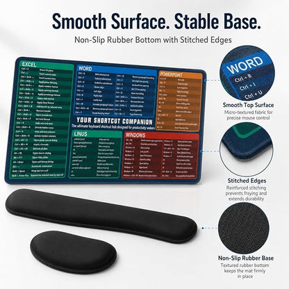 Excel Cheat Sheet Desk Pad Set, 3-Piece Office Shortcut Mouse Pad with Keyboard Wrist Rest & Mouse Wrist Rest, Excel Word PowerPoint Windows Shortcut Mat for Accountants, Students, Carbon Black