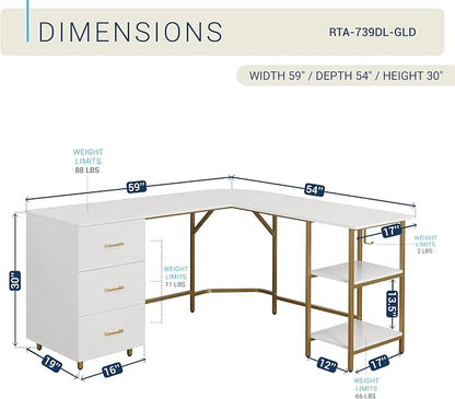 Techni Mobili L Shaped Desk - Two-Toned Computer Desk with Drawers & Storage Shelves - Simple Modern Furniture & Home Office Space Corner Table for Work & Writing