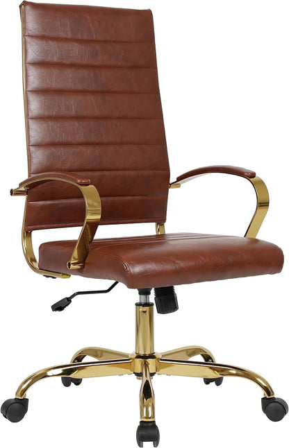 LeisureMod Modern High-Back Leather Office Chair - Swivel & Adjustable Executive Desk Chair with Gold Frame, Ergonomic Design for Home & Office (Brown, Single)