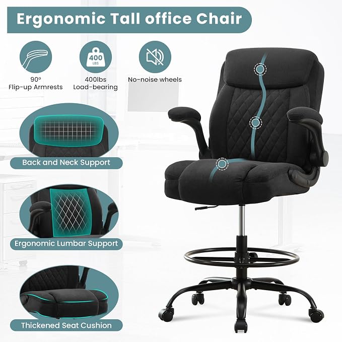 MAHOMICO Drafting Chair for Standing Desk – Tall Office Chair with Adjustable Height & Foot Ring, Flip-Up Arms, Lumbar Support – Comfortable Fabric Seat, Ideal Home Desk Chair
