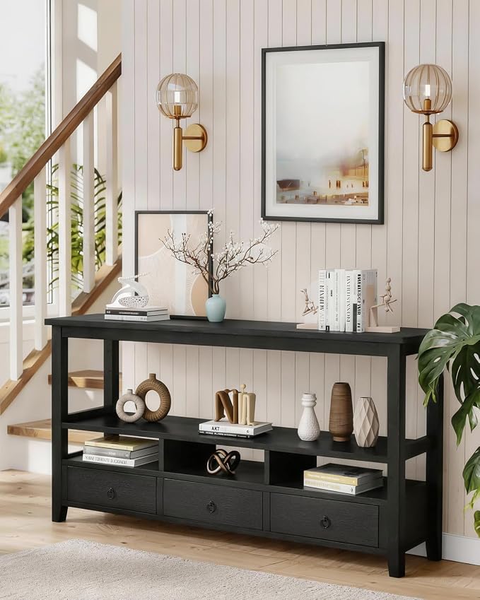 Karl home Console Table with 3 Bottom Drawers, 57.9" W Sofa Side Table Entryway Desk with 3 Storage Cubbies 1 Open Shelf, Vintage TV Stand for Hallway Living Room Office, Black 29.9" H