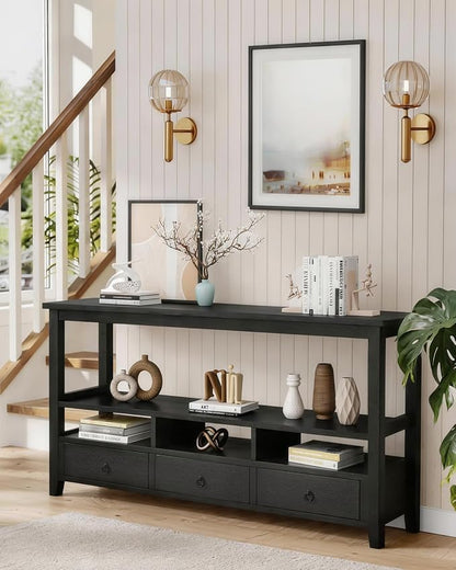 Karl home Console Table with 3 Bottom Drawers, 57.9" W Sofa Side Table Entryway Desk with 3 Storage Cubbies 1 Open Shelf, Vintage TV Stand for Hallway Living Room Office, Black 29.9" H