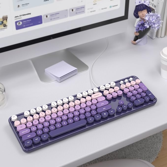 MOWUX Computer Keyboard Wired, Plug and Play USB Retro Round Typewriter Keyboard, Full Size Wired Keyboard with Foldable Stands for Laptop and Office PC- Purple Gradient