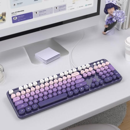 MOWUX Computer Keyboard Wired, Plug and Play USB Retro Round Typewriter Keyboard, Full Size Wired Keyboard with Foldable Stands for Laptop and Office PC- Purple Gradient