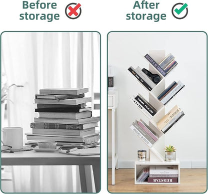 Yoobure Tree Bookshelf, 6 Tier Small Book Shelf Retro Floor Standing Bookcase, Wood Book Storage Organizer Rack, Tall Narrow Bookshelves for Corner/Bedroom/Living Room/Home Office, White