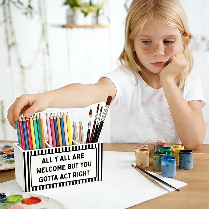 Funny Classroom Pen Pencil Holder for Desk, All Y'all Are Welcome But You Gotta Act Right Black Striped Wooden Box Sign Decorations for Classroom Home Office Desk Tabletop