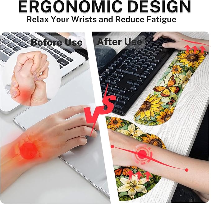 Britimes Yellow Sunflower Butterfly Keyboard Mouse Pad Set Floral Vintage 4in1 Large Mousepad+Keyboard Wrist Rest+Mouse Wrist Rest+Coaster Ergonomic Design for Home Office Computer 35.4x15.7 inches