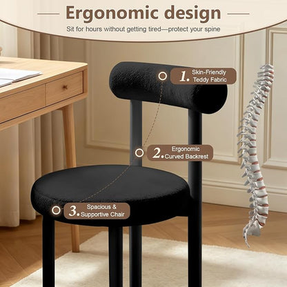 Cute Small Armless Desk Chair, Ergonomic Comfy Vanity Chairs Lumbar Support with Back for Makeup, Teddy Fabric Computer Desk Chair for Home, Bedroom, Vanity, Teens, Adults