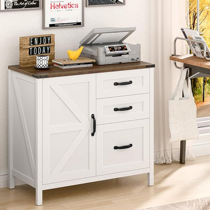 Befrases File Cabinet 3 Drawers Lateral File Cabinet with Adjustable Shelf for Letter/A4 Size Hanging Files, Large Wood File Storage Cabinets Printer Stand for Home Office, Rustic White