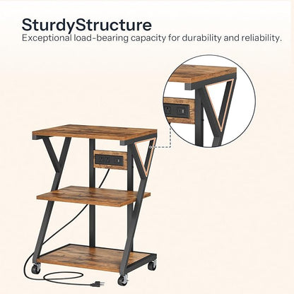 HOOBRO 3-Tier Printer Stand, Mobile Printer Table, Rolling Cart with Charging Station, Home Printer Stand, for Living Room, Kitchen, Office, Rustic Brown and Black BF33UPS01