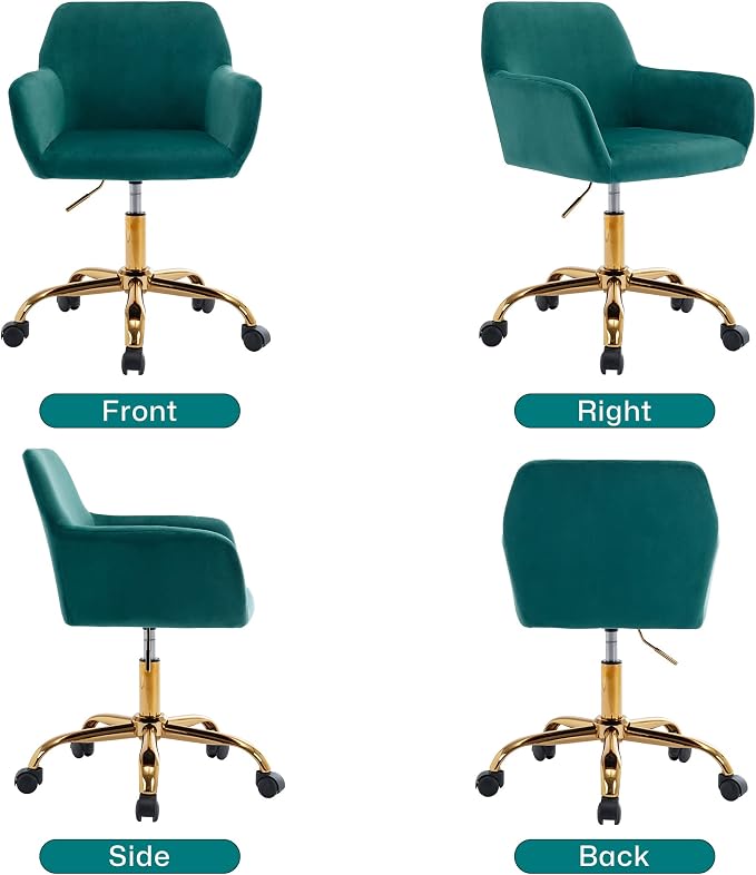 KCC Velvet Office Desk Chair, Comfy Swivel Modern Leisure Armchair with Wheels, Upholstered Comfy Velvet Fabric Makeup Chair Height Adjustable for Teens Women Girls Elegant Home Office, Green
