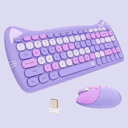 Cute Cat 2.4G USB Wireless Keyboard and Mouse Combo, Silent Keys, Candy Colors, Compatible with Notebook, PC (Purple-84Keys)