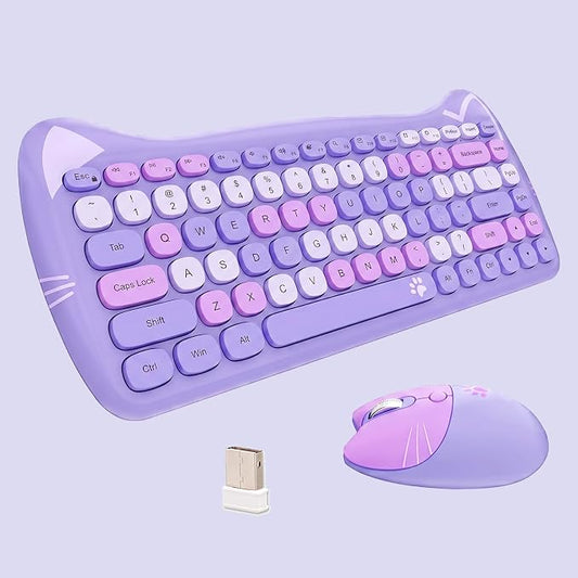 Cute Cat 2.4G USB Wireless Keyboard and Mouse Combo, Silent Keys, Candy Colors, Compatible with Notebook, PC (Purple-84Keys)