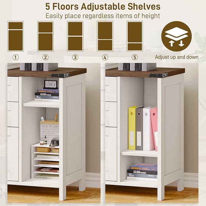 Halitaa 3 Drawer File Cabinet, Farmhouse Lateral Filing Cabinet Fits File Letter or A4 Size, Wooden Printer Stand with Open Storage Adjustable Shelf for Home Office, White