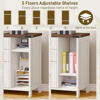 Halitaa 3 Drawer File Cabinet, Farmhouse Lateral Filing Cabinet Fits File Letter or A4 Size, Wooden Printer Stand with Open Storage Adjustable Shelf for Home Office, White