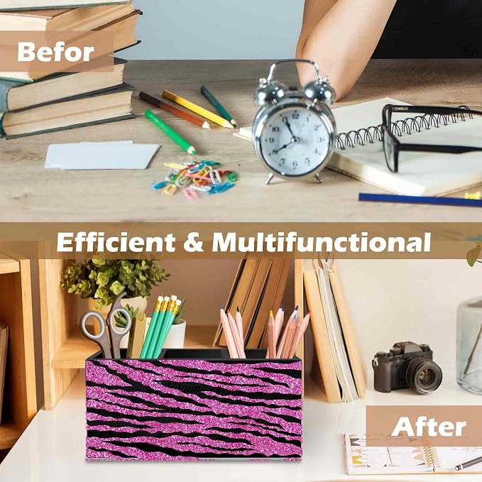 DILSJ Hot Pink Zebra Print Pen Pencil Holder Organizer for Desk, Mcbling Room Decor, Y2k Decor Mcbling Wooden Box Signs for Home Office Desk Tabletop Decoration