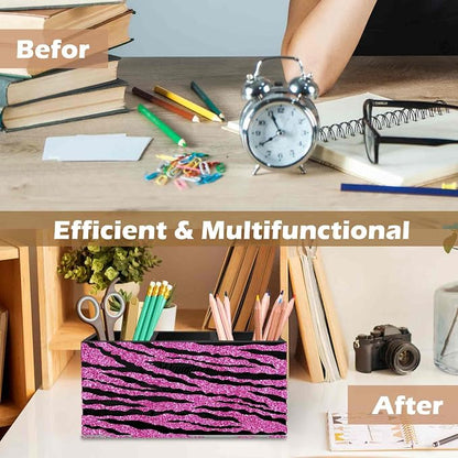 DILSJ Hot Pink Zebra Print Pen Pencil Holder Organizer for Desk, Mcbling Room Decor, Y2k Decor Mcbling Wooden Box Signs for Home Office Desk Tabletop Decoration