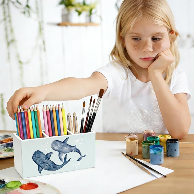 Blue Whale Shark Beach Pen Pencil Holder for Desk, Whale Shark Gifts, Beach Office Decor, Coastal Ocean Marine Biology Wooden Box Sign Decorations for Home Office Desk Tabletop