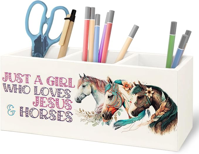 Horse Gifts for Girls Women Wooden Pen Pencil Holder for Office Desk Accessories, Western Cowgirl Gifts, Just a Girl Who Loves Jesus and Horse Makeup Brush Toothbrush Holder Organizer
