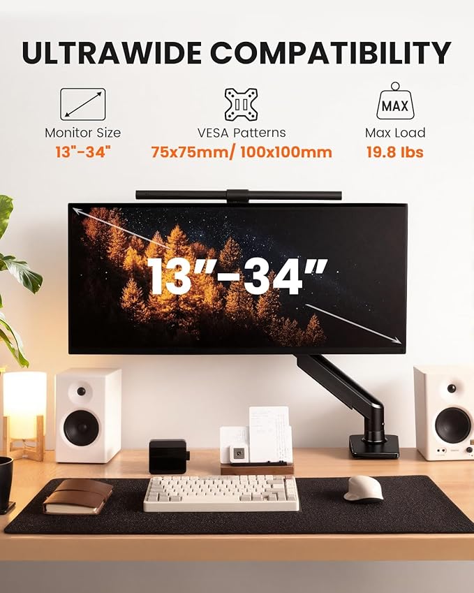 ErGear Single Monitor Arm, Fully Adjustable Monitor Mount for 13–34 Inch Screens, Fast Install Computer Monitor Stand with Tool-Free VESA Mount, Cable Management, Holds 19.8 lbs, Max VESA 100x100mm