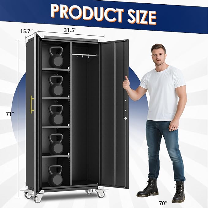 erosoei 71" Broom Storage Cabinet, Cleaning Tool Storage Cabinet, Garage Utility Storage with Hooks and Hanging Rods, Heavy Duty Garden Tool Organizer, for Home, Garage, Laundry Room, Gym, Workshop.