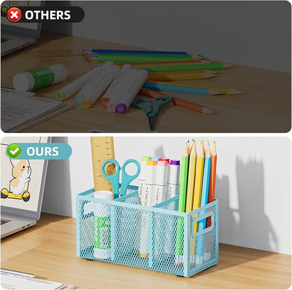 Marbrasse Mesh Pen Holder for Desk,Pencil Holder Desk Organizer 3 Adjustable Compartments,Pencil Cup with Handle Perfect for Classroom, Office, Home,Makeup,Art (Blue)