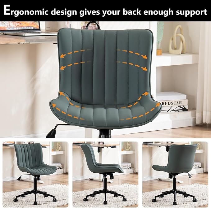 YOUNIKE Ergonomic Armless Office Chair Faux Leather Small Cute Desk Chair with 12° Rocking Back Adjustable Height Swivel Vanity Chair Compact Computer Rolling Task Chair for Small Spaces Greyish Green