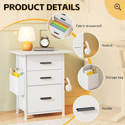 Mexin 3 Drawer File Cabinet with 22'' Extended Desktop, Mobile Filing Cabinet, Printer Stand, Rolling Printer Stand with Side Bag, Fabric Drawer, Fits A4 Size, Home Office, White
