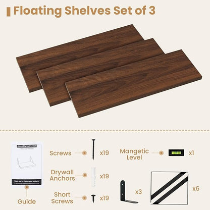 Heimlove Floating Book Shelves for Wall,23.6 Inches Wall Bookshelf Mounted Display&Storage Wood Shelves for Kitchen Bathroom Laundry Living Room,Set of 3,Walnut Color