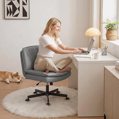 DurayLoly Criss Cross Chair with Wheels, Cross Legged Office Chair with 2 Layer Comfty Leather & Back, Armless Wide Vanity Chair for Home Office, Grey