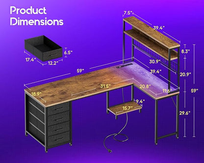 AODK L Shaped Gaming Desk with Hutch, 59" Computer Desk with 4 Drawers & Storage Shelves, Reversible Corner Desk with LED Light & Power Outlets, Gamer Table for for Home Office, Vintage