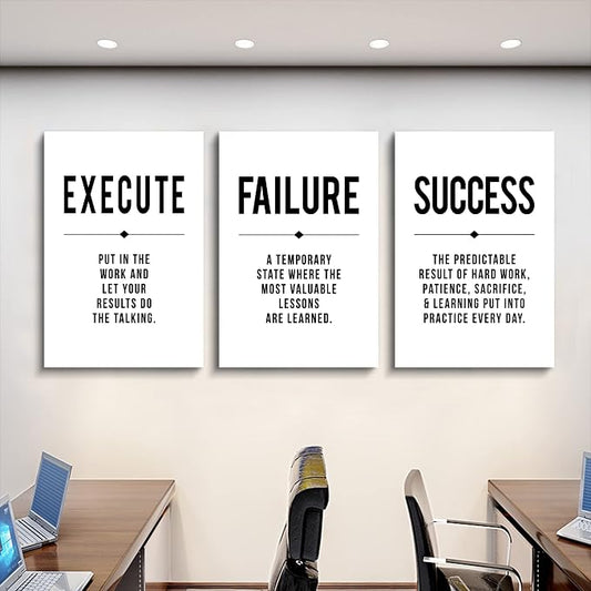 Framed Canvas Wall Art Success Quote, Office Wall Art, Black Large Poster, Positive Motivational Set of 3 Prints, Execute Failure Definition, Inspirational Print (D-3pcs,20x30inchx3pcs)