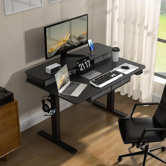 48 * 30 Inches Electric Standing Desk Adjustable Height with 4 Drawers, Double Storage Shelves Stand Up Desk, Home Office Workstation Sit Stand Desk (Classical Black)
