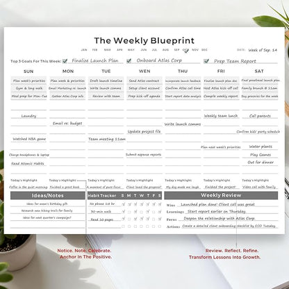 Undated Weekly Organizer & To Do List Notepad - Minimalist A4 52-Sheet Desk Planner for Work School & Family, ADHD Friendly Calendar for Deep Focus & Goal Tracking
