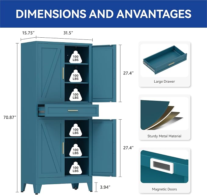 COFaR 71 in Tall Kitchen Pantry Cabinet with Drawer, Metal Pantry Storage Cabinet with 4 Adjustable Shelves and 4 Barn Doors, Freestanding Farmhouse Food Cupboard for Dining Room, Peacock Blue 6-Tier