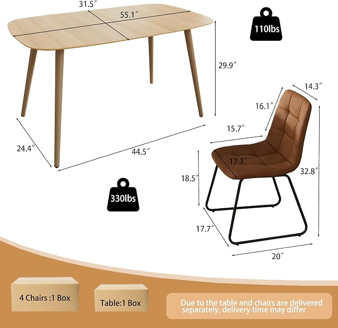 HIPIHOM Modern 4-Piece Dining Table Set for 4 | 55-Inch Wood Kitchen Table & 4 Brown Leather Chairs | Space-Saving Dining Set for Small Spaces, Breakfast Nook, Dining Room