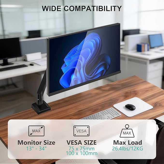 WALI Single Monitor Mount for 13-34 inch Screens, Adjustable Single Monitors Arm, Regular Screen up to 32 inch, 26.4lbs, Computer Monitor Stand for Desk, VESA 75/100mm (GSMP001N), Black
