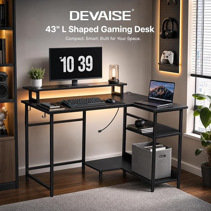 DEVAISE Compact 43" L Shaped Gaming Desk with LED Lights and Power Outlets - Corner Computer Table with Monitor Stand and Storage Shelves for Work and Gaming, Black