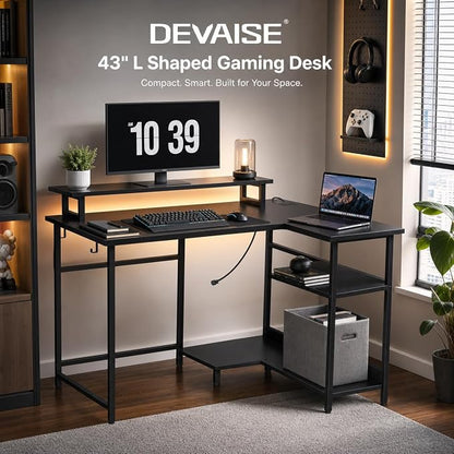 DEVAISE Compact 43" L Shaped Gaming Desk with LED Lights and Power Outlets - Corner Computer Table with Monitor Stand and Storage Shelves for Work and Gaming, Black