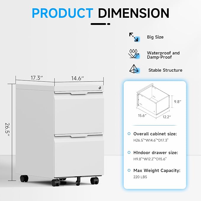 Bestoo Mobile File Cabinet with Lock, 2 Drawer Filing Cabinet, Under Desk Metal Rolling Filing Cabinets for Home Office, Fits Letter/Legal/A4 Size File, Easy Assembly