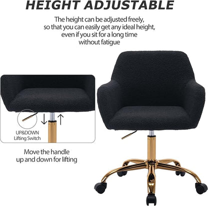KCC Faux Fur Office Desk Chair, Comfy Swivel Armchair with Wheels, Upholstered Fuzzy Vanity Chair, Adjustable Seat Height, Black