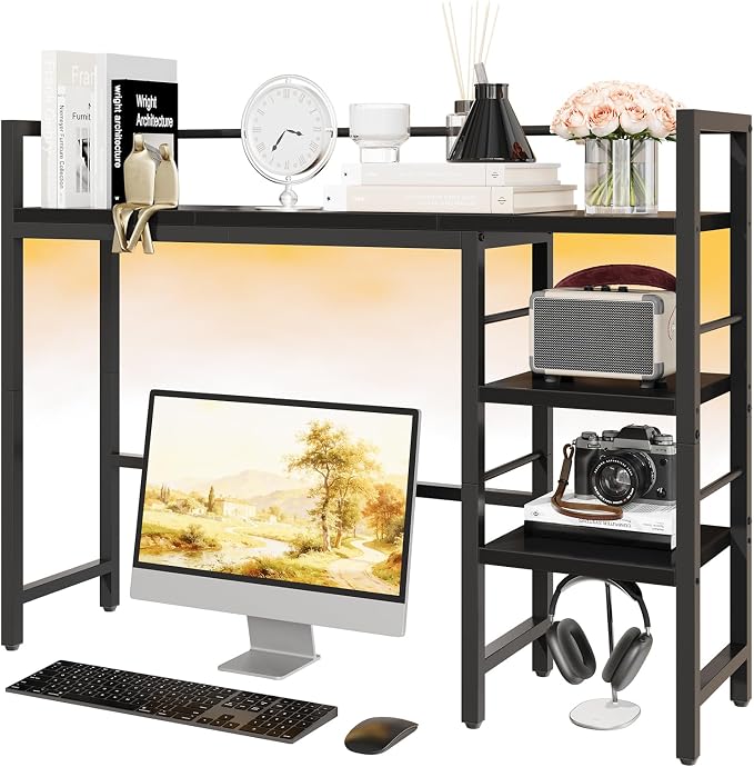 HavenlyYouth Desk Shelf with LED Light Strip, 3-Tier Storage Desktop Organizer Shelf, 38.6" Wood Desktop Bookshelf for Computer Monitor, Desk Hutch for Home Office Dorm, Black